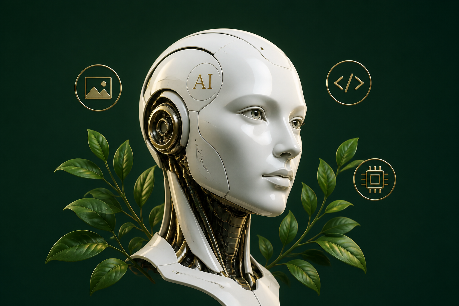 A companion AI figure among greenery